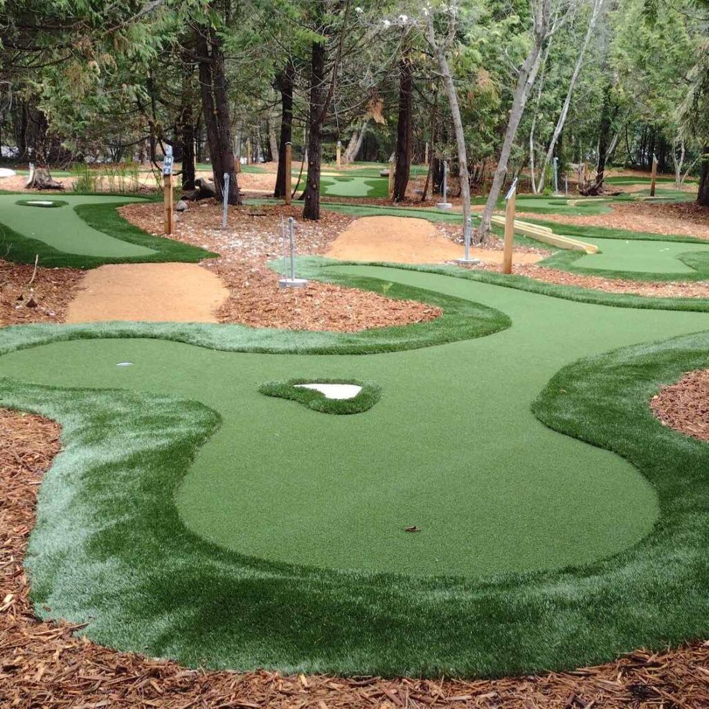 Miniature golf course in the woods, golf holes made up of abstract shapes, each hole has rough turf & putting turf to resemble a real golf course