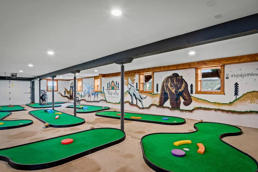 miniature golf course at an airbnb, portable course with colorful faux wood shapes