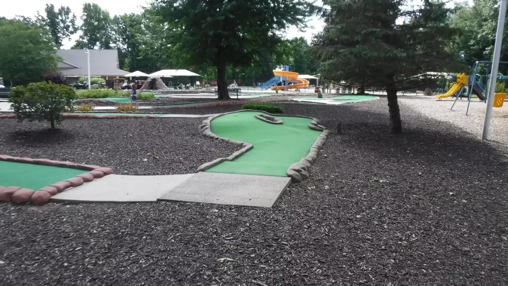 Worn turf and a confusing two-cup mini golf hole at Sandy Pines Recreational Community, Hopkins, MI