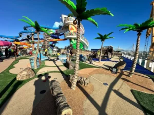 Parts of downed palm trees, trash cans and other items are strewn along this mini-golf course