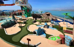 A broken submarine, crashed airplane and old shipwreck are obstacles on this mini golf course