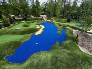 Blue turf mini golf hole shaped like Lake Michigan pays homage to the course location